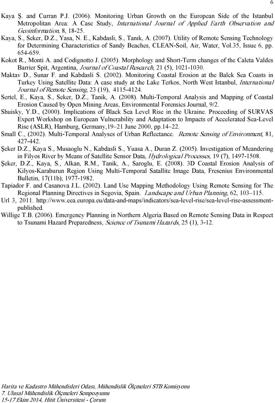 , Yasa, N. E., Kabdasli, S., Tanık, A. (2007). Utility of Remote Sensing Technology for Determining Characteristics of Sandy Beaches, CLEAN Soil, Air, Water, Vol.35, Issue 6, pp. 654 659. Kokot R.