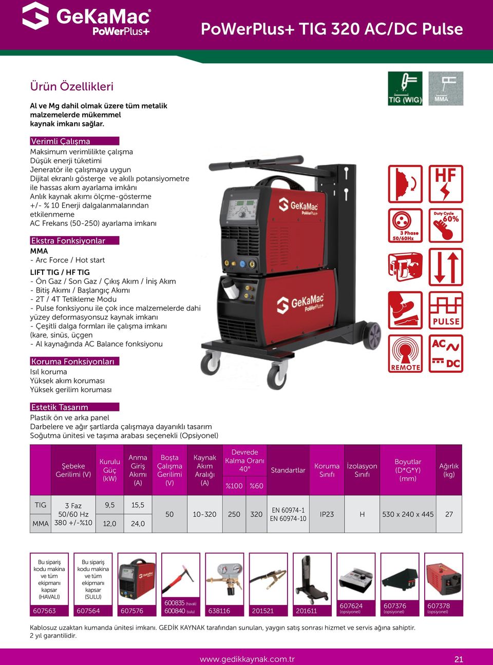 dalgalanmalarından etkilenmeme AC Frekans (50-250) ayarlama imkanı MMA - Arc Force / Hot start LIFT TIG / HF TIG - Ön Gaz / Son Gaz / / İniş - Bitiş ı / Başlangıç ı - 2T / 4T Tetikleme Modu - Pulse