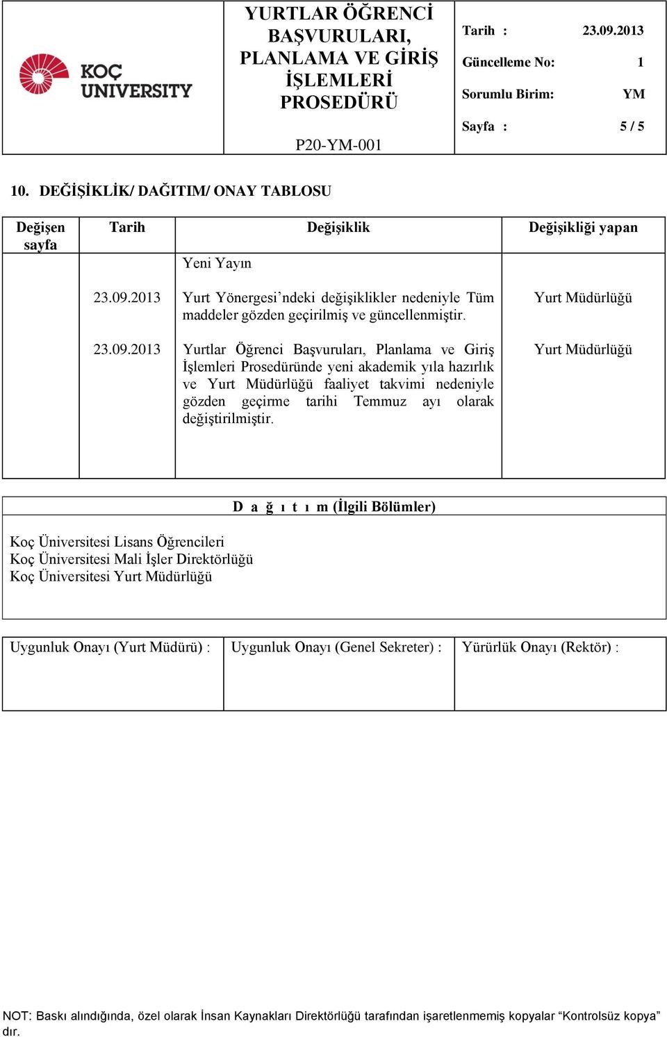 Yurtlar Öğrenci Başvuruları, Planlama ve Giriş İşlemleri Prosedüründe yeni akademik yıla hazırlık ve Yurt Müdürlüğü faaliyet takvimi nedeniyle gözden geçirme tarihi Temmuz ayı