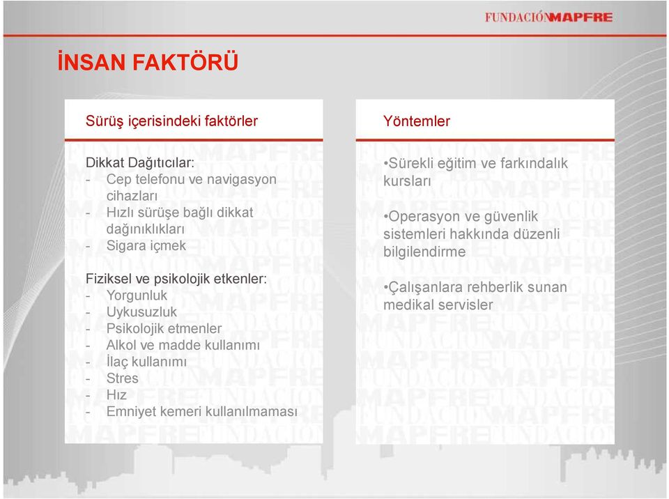 etmenler - Alkol ve madde kullanımı - İlaç kullanımı - Stres - Hız - Emniyet kemeri kullanılmaması Sürekli eğitim ve