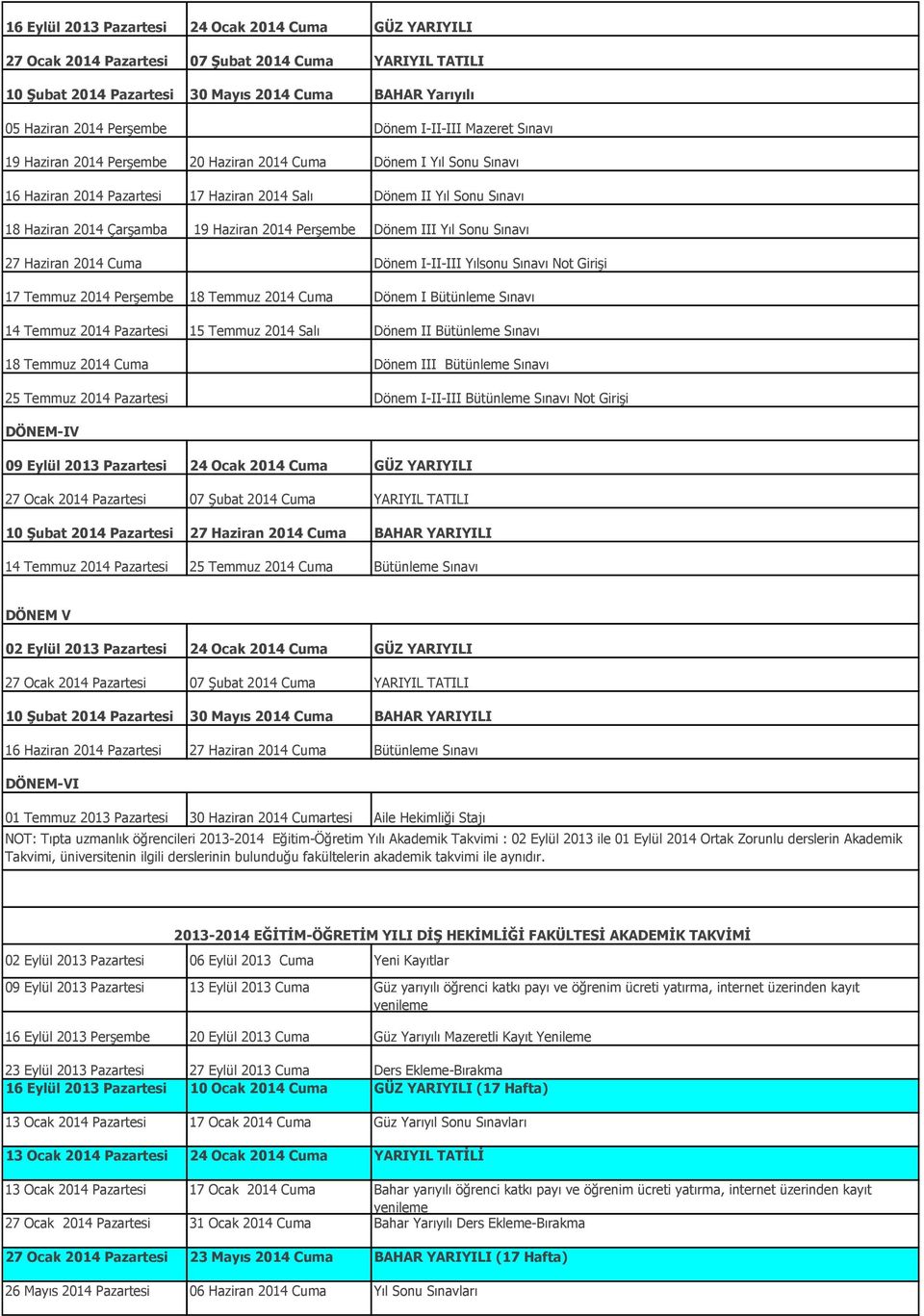 18 Temmuz 2014 25 Temmuz 2014 DÖNEM-IV 15 Temmuz 2014 Salı Dönem II Bütünleme Dönem III Bütünleme Dönem I-II-III Bütünleme Not Girişi 24 Ocak 2014 GÜZ YARIYILI 27 Ocak 2014 07 Şubat 2014 10 Şubat