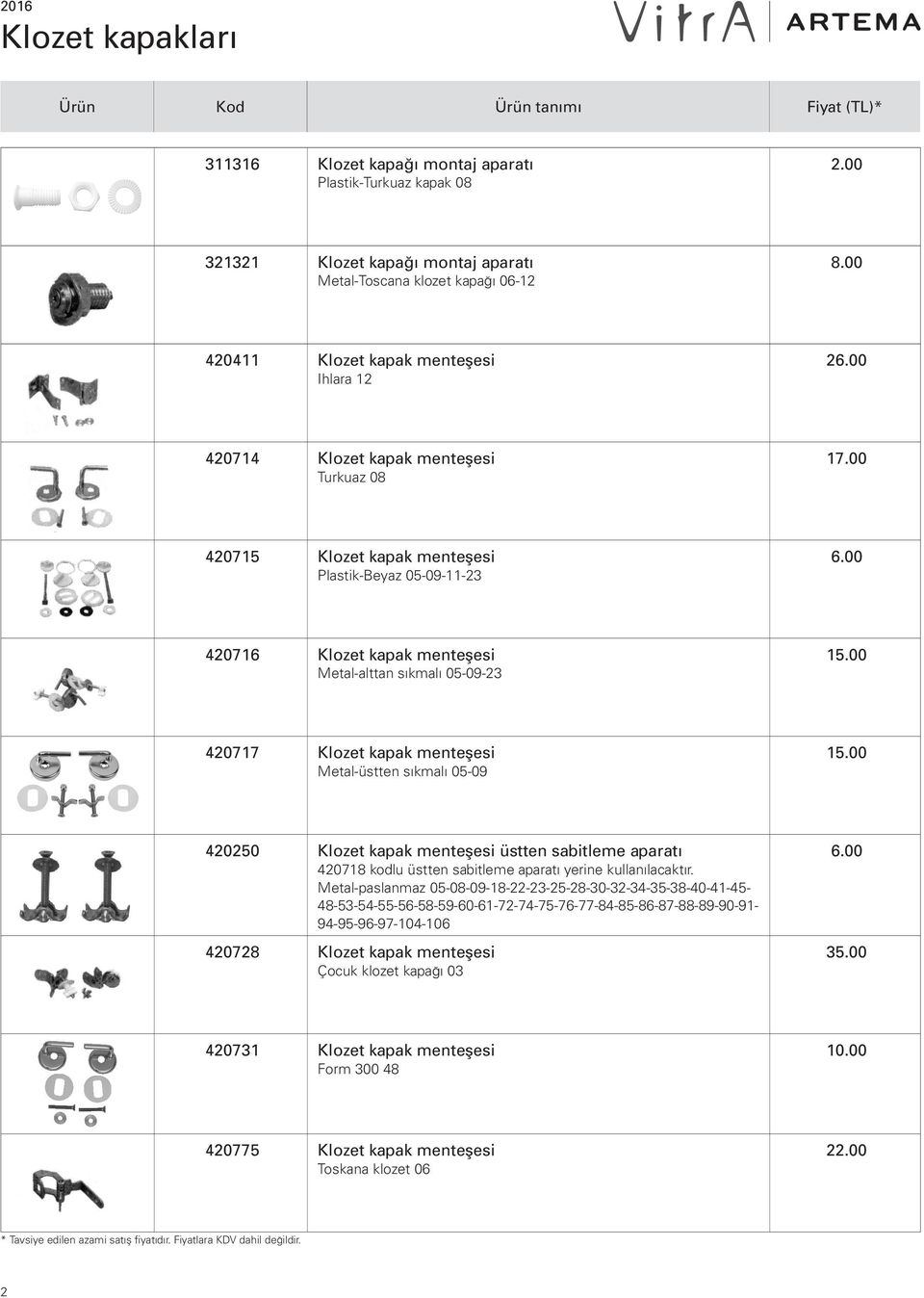 00 420717 Klozet kapak menteflesi Metal-üstten s kmal 05-09 15.00 420250 Klozet kapak menteflesi üstten sabitleme aparat 420718 kodlu üstten sabitleme aparatı yerine kullanılacaktır.