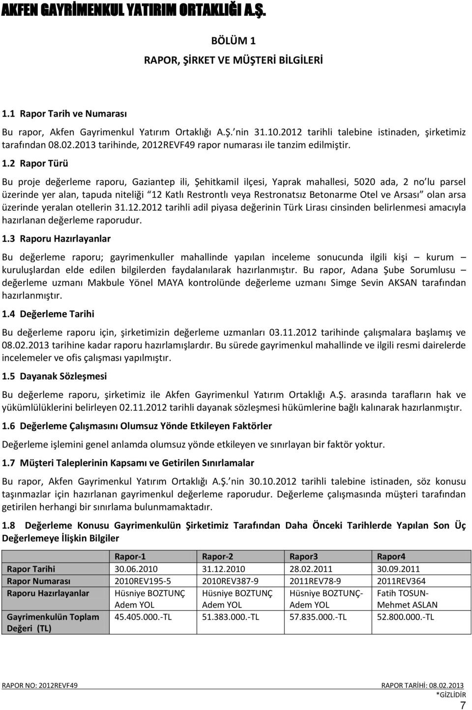 2 Rapor Türü Bu proje değerleme raporu, Gaziantep ili, Şehitkamil ilçesi, Yaprak mahallesi, 5020 ada, 2 no lu parsel üzerinde yer alan, tapuda niteliği 12 Katlı Restrontlı veya Restronatsız Betonarme