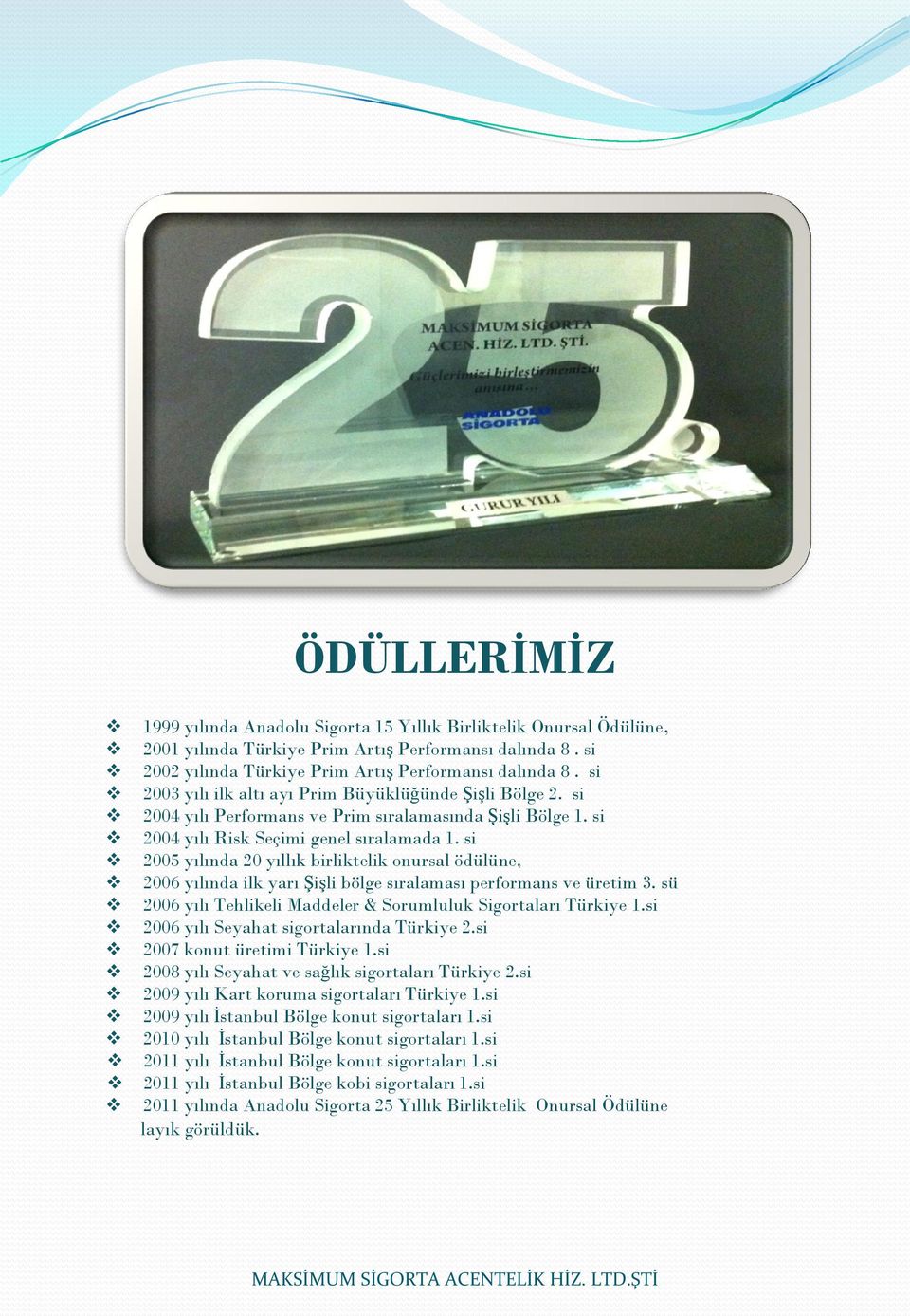 si 2005 yılında 20 yıllık birliktelik onursal ödülüne, 2006 yılında ilk yarı Şişli bölge sıralaması performans ve üretim 3. sü 2006 yılı Tehlikeli Maddeler & Sorumluluk Sigortaları Türkiye 1.