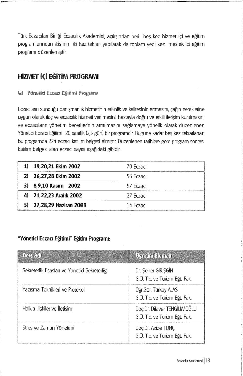 HİZMET İÇİ EĞİTİM PROGRAMI S Yönetici Eczacı Eğitimi Programı Eczacıların sunduğu danışmanlık hizmetinin etkinlik ve kalitesinin artmasını, çağın gereklerine uygun olarak ilaç ve eczacılık hizmeti