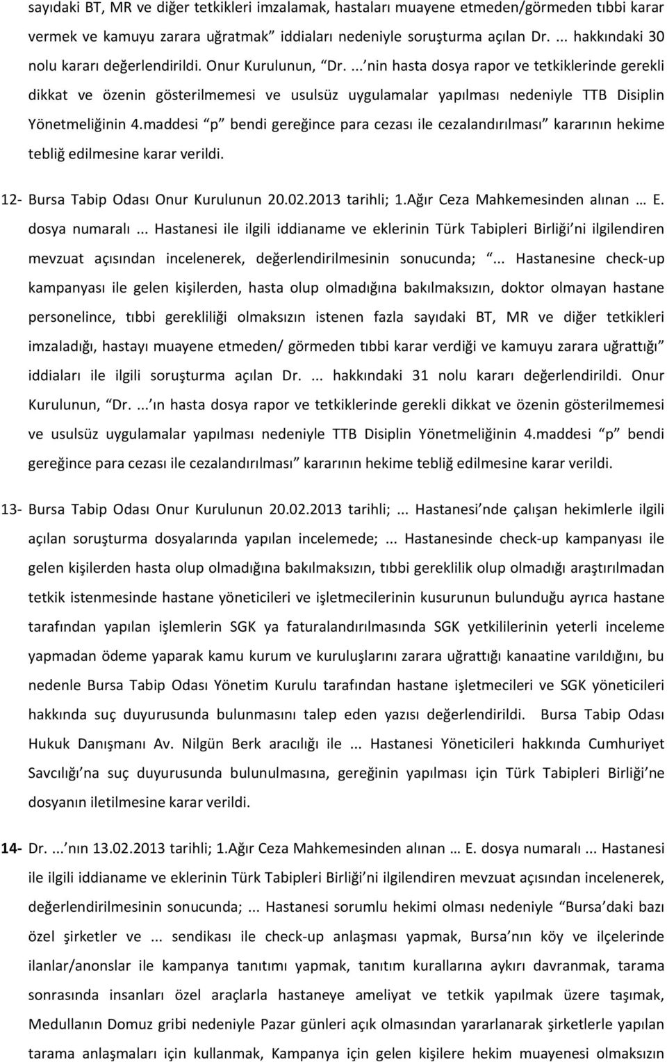 ... nin hasta dosya rapor ve tetkiklerinde gerekli dikkat ve özenin gösterilmemesi ve usulsüz uygulamalar yapılması nedeniyle TTB Disiplin 12- Bursa Tabip Odası Onur Kurulunun 20.02.2013 tarihli; 1.