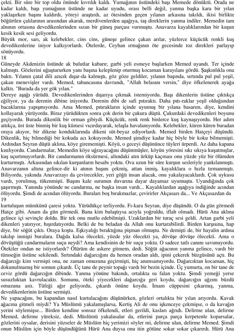 ürtlen çal lar n aras ndan akarak, merdivenlerden a ya, ta direklerin yanma indiler. Memedin tam aln n ortas na devedikenlerinden s zan bir güne parças vurmu tu.