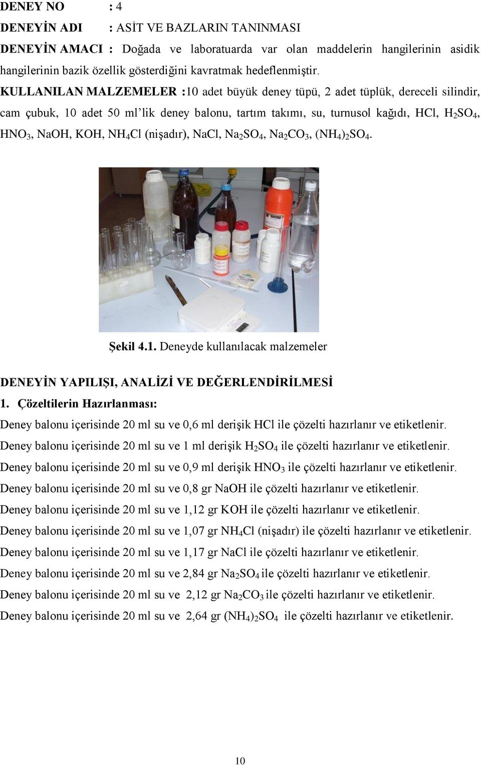 Cl (nişadır), NaCl, Na 2 SO 4, Na 2 CO 3, (NH 4 ) 2 SO 4. ġekil 4.1. Deneyde kullanılacak malzemeler DENEYĠN YAPILIġI, ANALĠZĠ VE DEĞERLENDĠRĠLMESĠ 1.