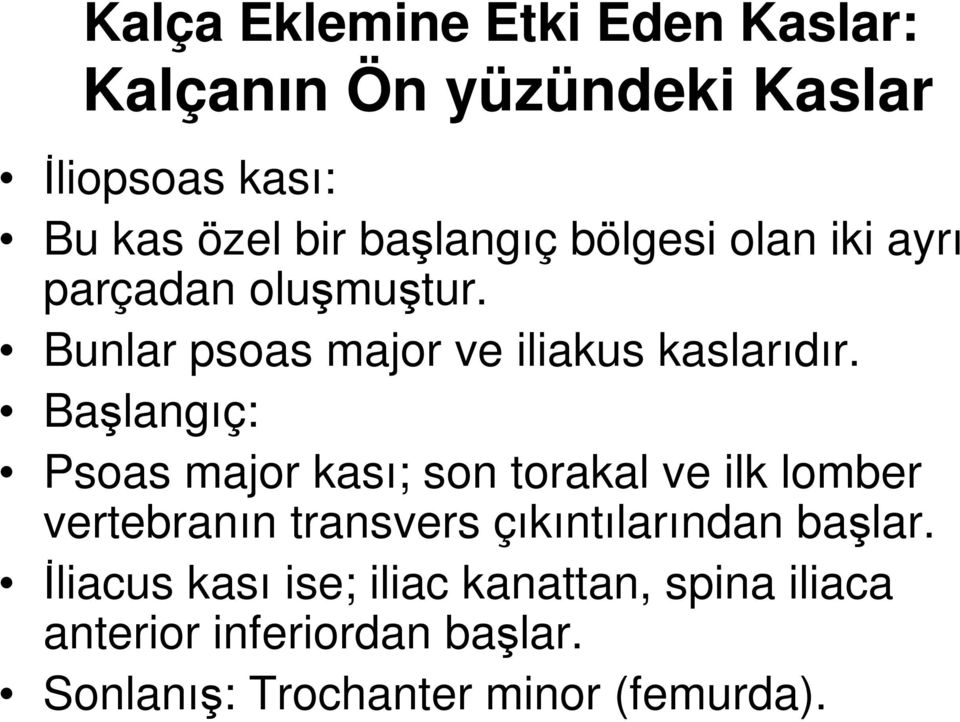 Başlangıç: Psoas major kası; son torakal ve ilk lomber vertebranın transvers çıkıntılarından başlar.