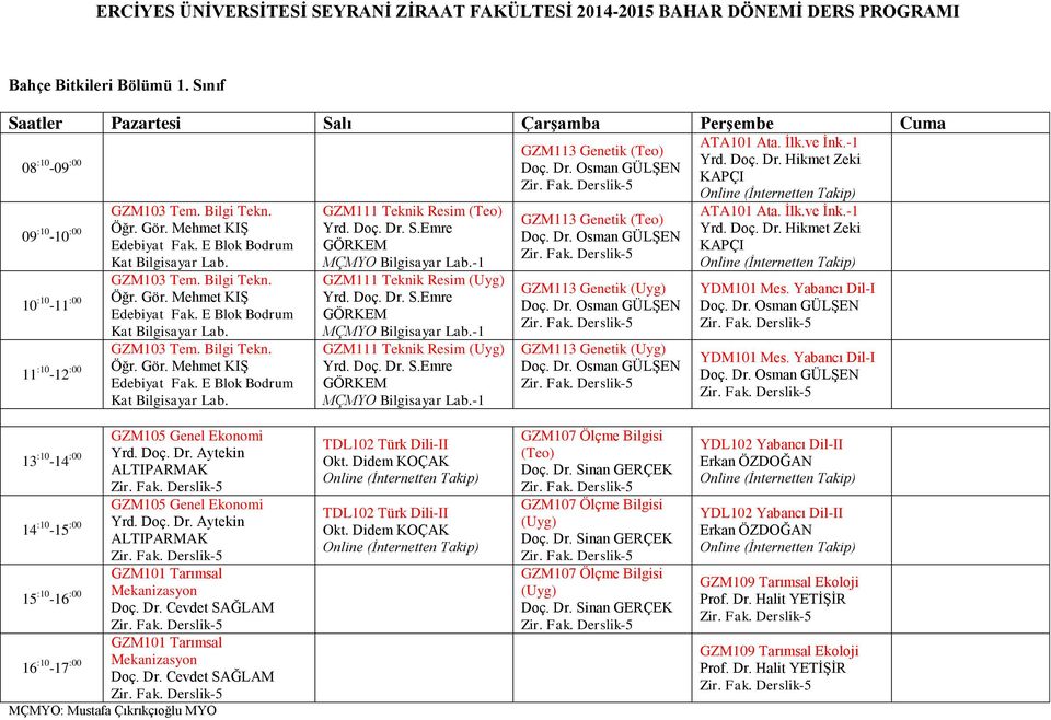 Dr. Osman GÜLŞEN GZM113 Genetik Doç. Dr. Osman GÜLŞEN GZM113 Genetik Doç. Dr. Osman GÜLŞEN ATA101 Ata. İlk.ve İnk.-1 Yrd. Doç. Dr. Hikmet Zeki KAPÇI ATA101 Ata. İlk.ve İnk.-1 Yrd. Doç. Dr. Hikmet Zeki KAPÇI YDM101 Mes.