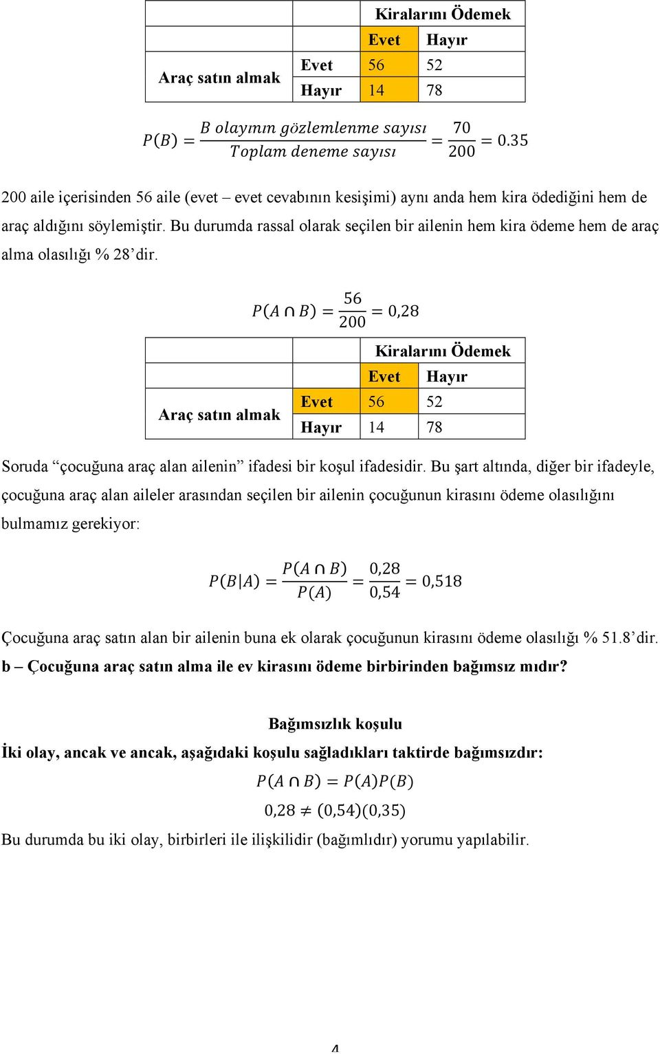 Bu durumda rassal olarak seçilen bir ailenin hem kira ödeme hem de araç alma olasılığı % 28 dir.