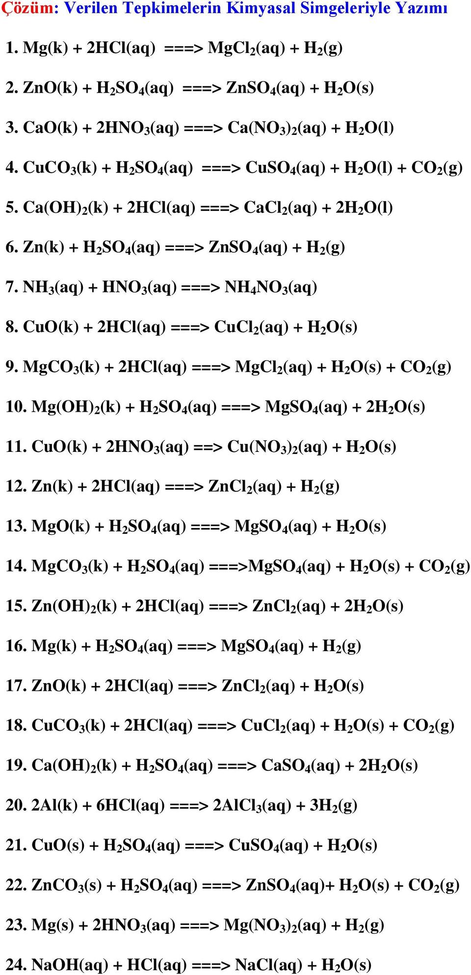 Zn(k) + H 2 SO 4 (aq) ===> ZnSO 4 (aq) + H 2 (g) 7. NH 3 (aq) + HNO 3 (aq) ===> NH 4 NO 3 (aq) 8. CuO(k) + 2HCl(aq) ===> CuCl 2 (aq) + H 2 O(s) 9.