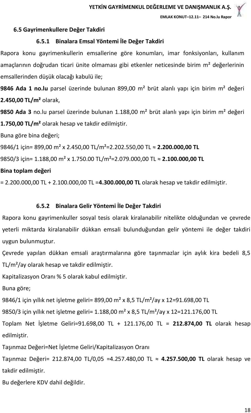 450,00 TL/m² olarak, 9850 Ada 3 no.lu parsel üzerinde bulunan 1.188,00 m² brüt alanlı yapı için birim m² değeri 1.750,00 TL/m² olarak hesap ve takdir edilmiştir.