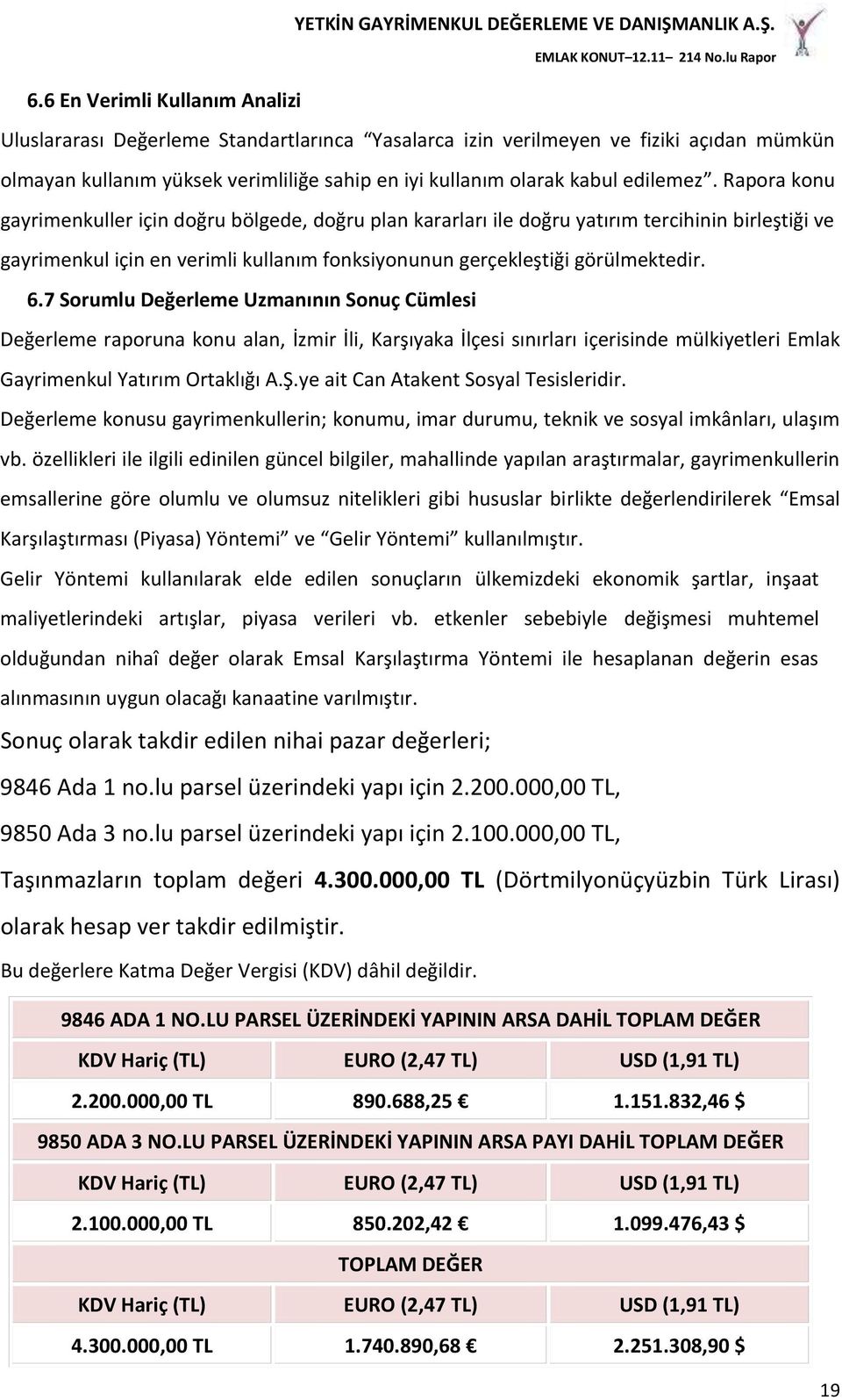 6.7 Sorumlu Değerleme Uzmanının Sonuç Cümlesi Değerleme raporuna konu alan, İzmir İli, Karşıyaka İlçesi sınırları içerisinde mülkiyetleri Emlak Gayrimenkul Yatırım Ortaklığı A.Ş.