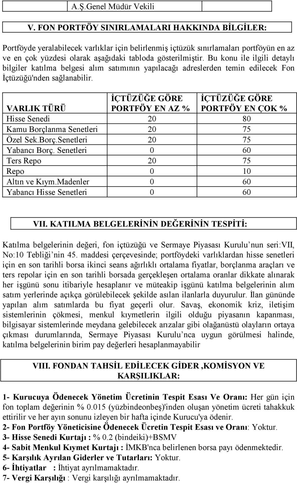 Bu konu ile ilgili detaylı bilgiler katılma belgesi alım satımının yapılacağı adreslerden temin edilecek Fon İçtüzüğü'nden sağlanabilir.