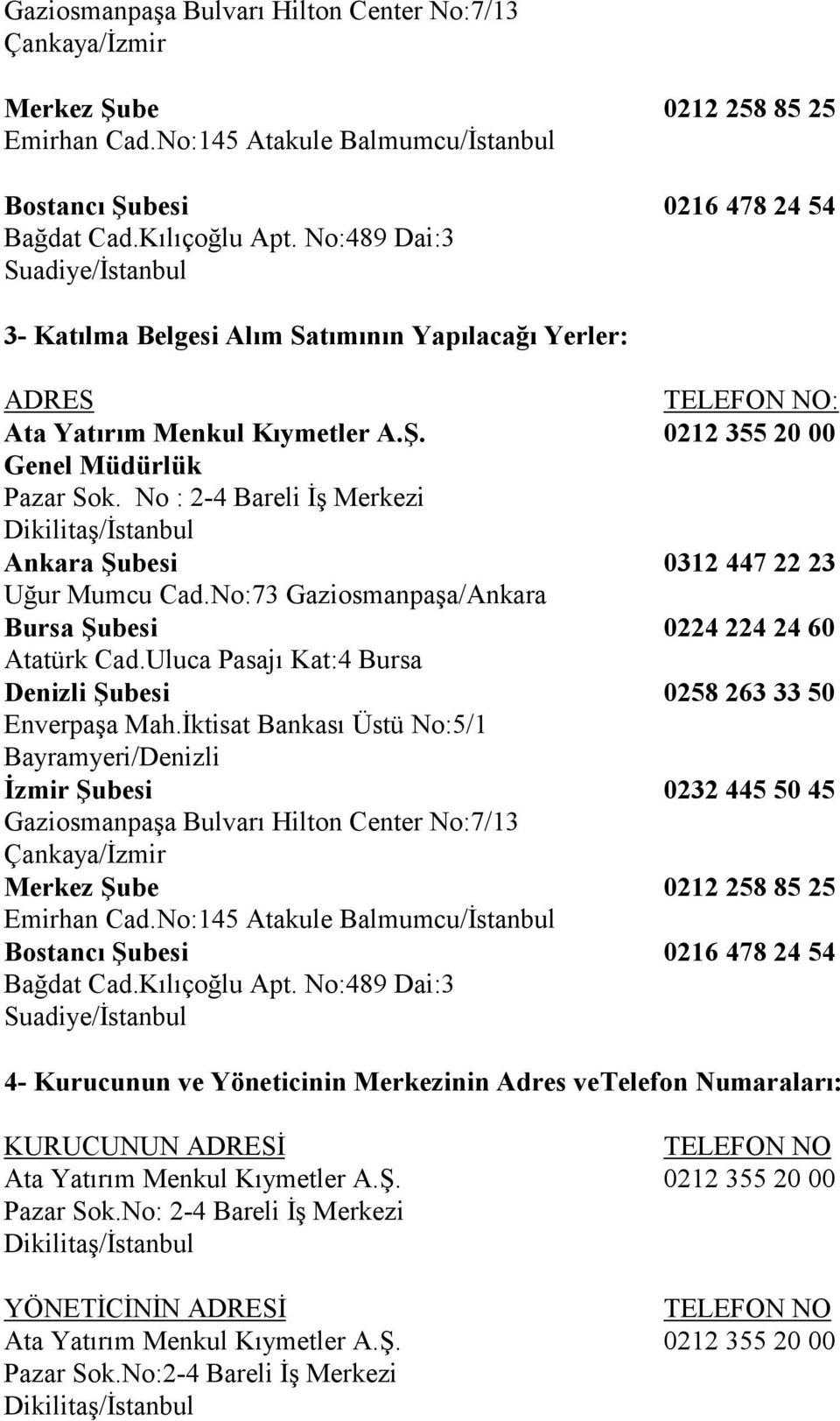 No : 2-4 Bareli İş Merkezi Dikilitaş/İstanbul Ankara Şubesi 0312 447 22 23 Uğur Mumcu Cad.No:73 Gaziosmanpaşa/Ankara Bursa Şubesi 0224 224 24 60 Atatürk Cad.