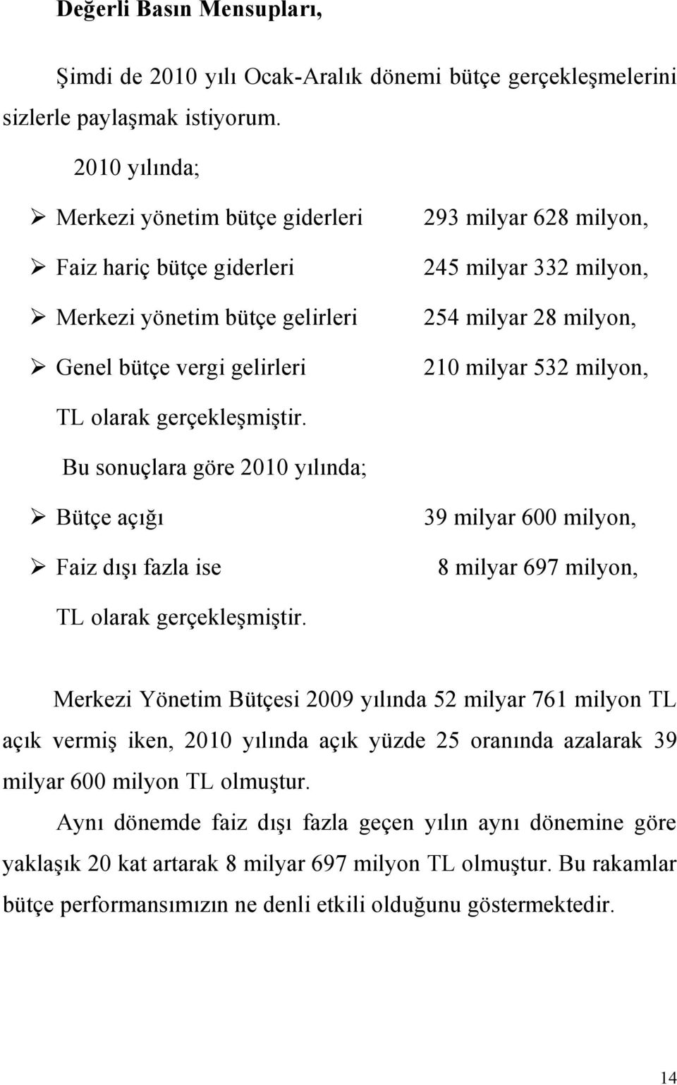 milyon, 210 milyar 532 milyon, TL olarak gerçekleşmiştir. Bu sonuçlara göre 2010 yılında; Bütçe açığı Faiz dışı fazla ise 39 milyar 600 milyon, 8 milyar 697 milyon, TL olarak gerçekleşmiştir.