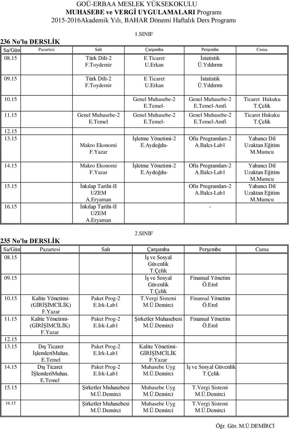 15 Genel Muhasebe-2-11.15 Genel Muhasebe-2 12.15 13.15 Makro Ekonomi F.Yazar Genel Muhasebe-2 - İşletme Yönetimi-2 E.Aydoğdu- Genel Muhasebe-2 -Amfi Genel Muhasebe-2 -Amfi Ofis Programları-2 A.