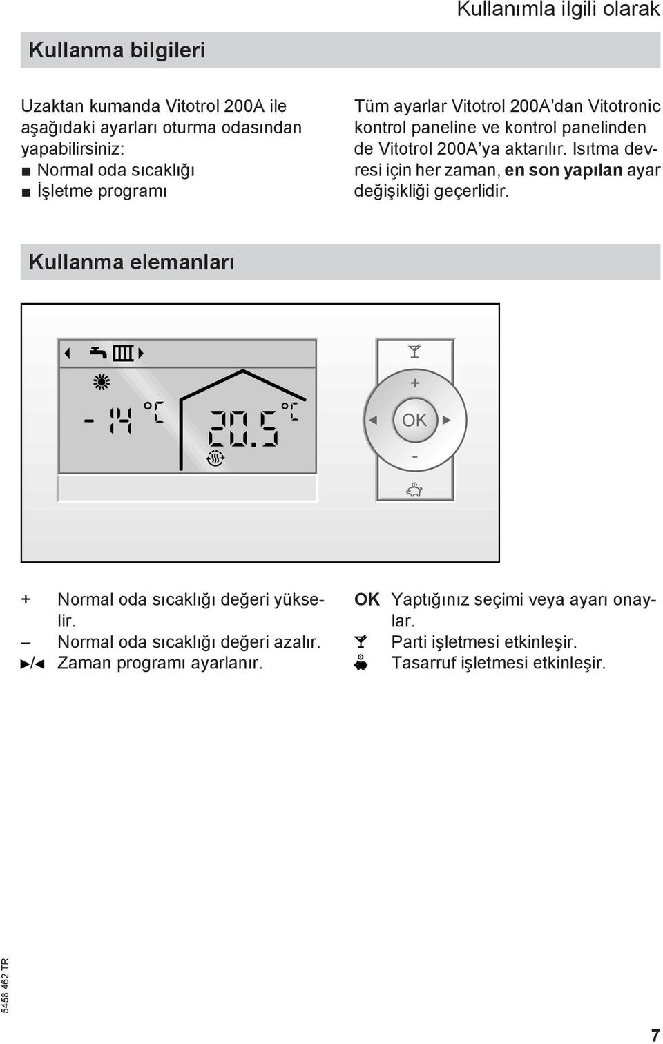 Isıtma devresi için her zaman, en son yapılan ayar değişikliği geçerlidir. Kullanma elemanları + OK - + Normal oda sıcaklığı değeri yükselir.