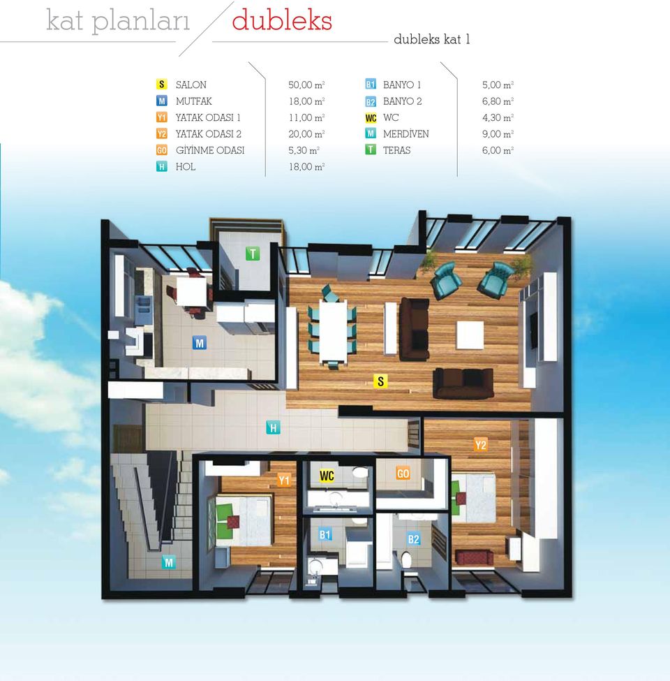 WC WC 4,30 m 2 Y2 YATAK ODAI 2 20,00 m 2 ERDİVEN 9,00 m 2 GO