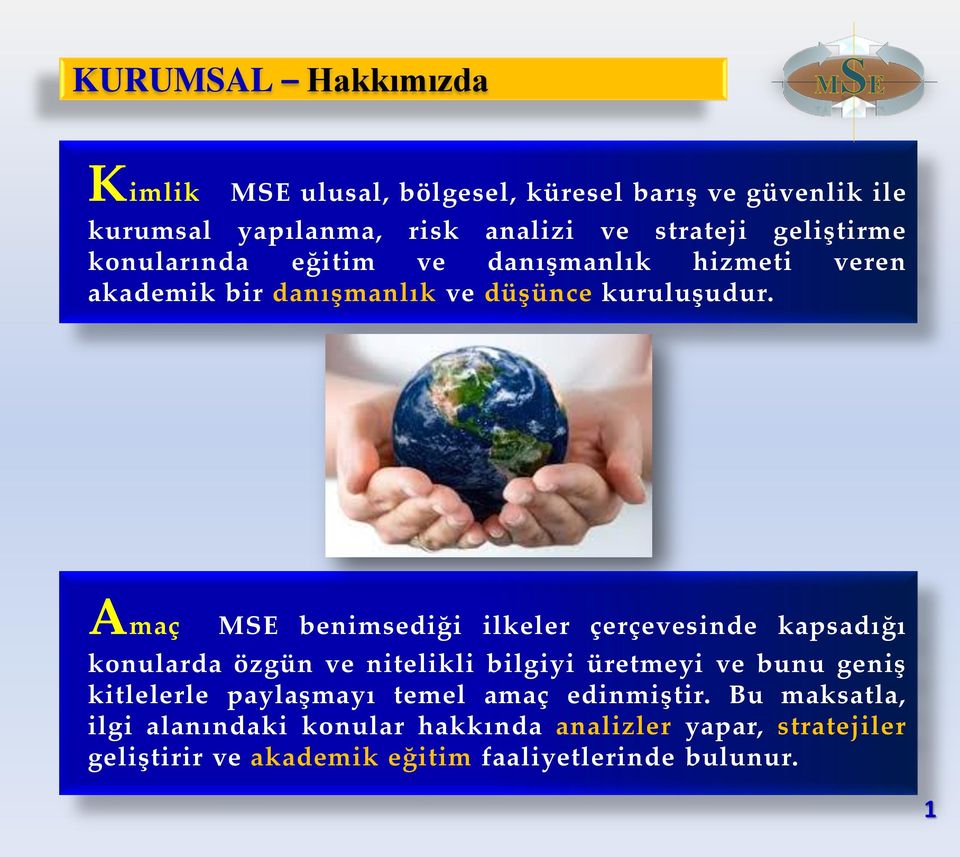 Amaç MSE benimsediği ilkeler çerçevesinde kapsadığı konularda özgün ve nitelikli bilgiyi üretmeyi ve bunu geniş kitlelerle