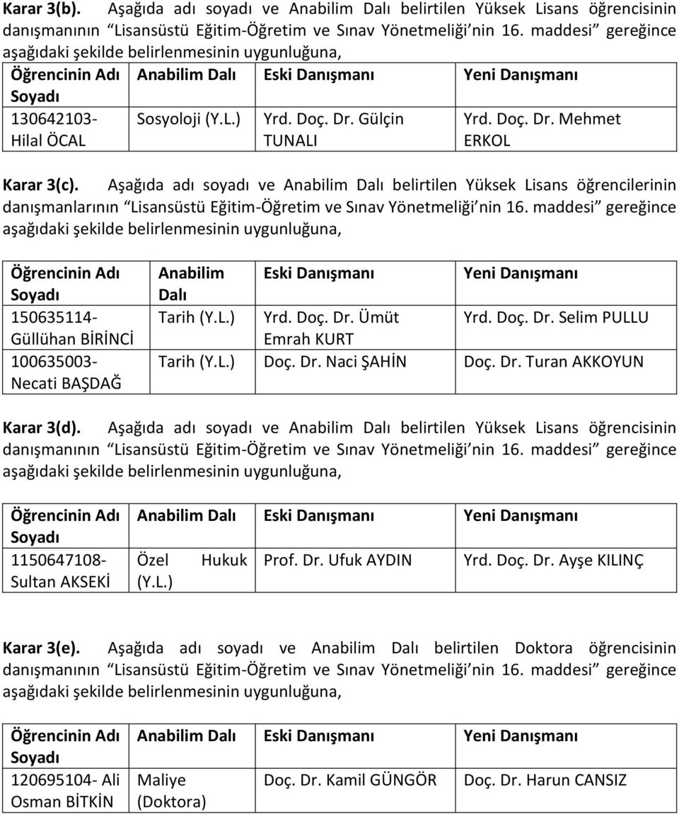 Aşağıda adı soyadı ve Anabilim Dalı belirtilen Yüksek Lisans öğrencilerinin danışmanlarının Lisansüstü Eğitim-Öğretim ve Sınav Yönetmeliği nin 16.