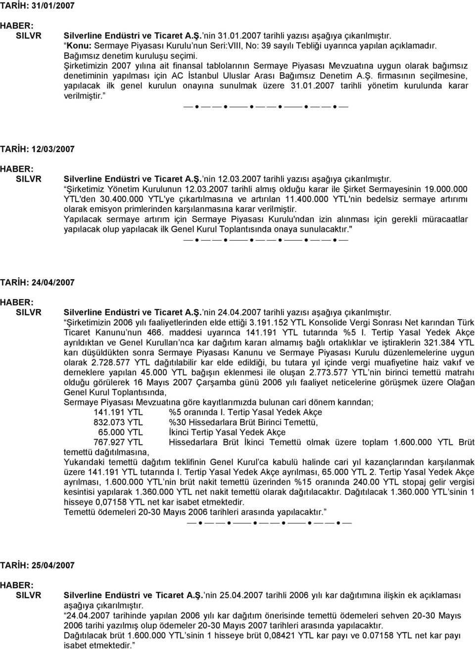 01.2007 tarihli yönetim kurulunda karar verilmiştir. TARİH: 12/03/2007 Silverline Endüstri ve Ticaret A.Ş. nin 12.03.2007 tarihli yazısı aşağıya çıkarılmıştır. Şirketimiz Yönetim Kurulunun 12.03.2007 tarihli almış olduğu karar ile Şirket Sermayesinin 19.