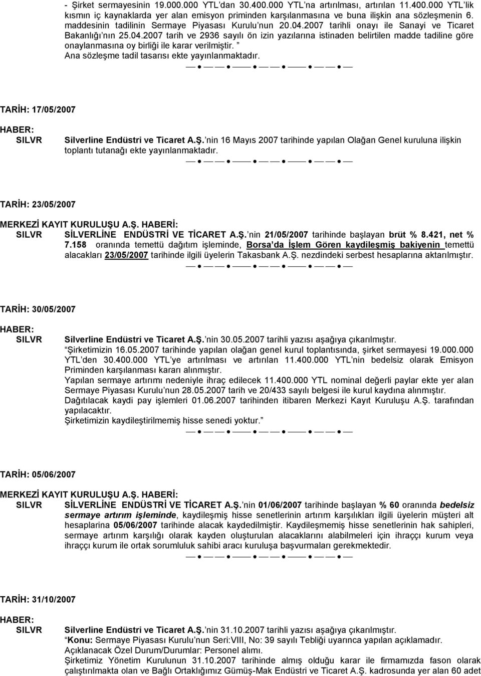 Ana sözleşme tadil tasarısı ekte yayınlanmaktadır. TARİH: 17/05/2007 Silverline Endüstri ve Ticaret A.Ş.