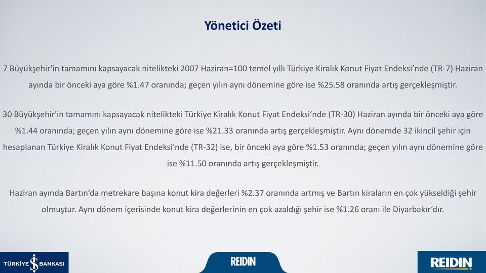 30 Büyükşehir'in tamamını kapsayacak nitelikteki Türkiye Kiralık Konut Fiyat Endeksi nde (TR-30) Haziran ayında bir önceki aya göre %1.44 oranında; geçen yılın aynı dönemine göre ise %21.