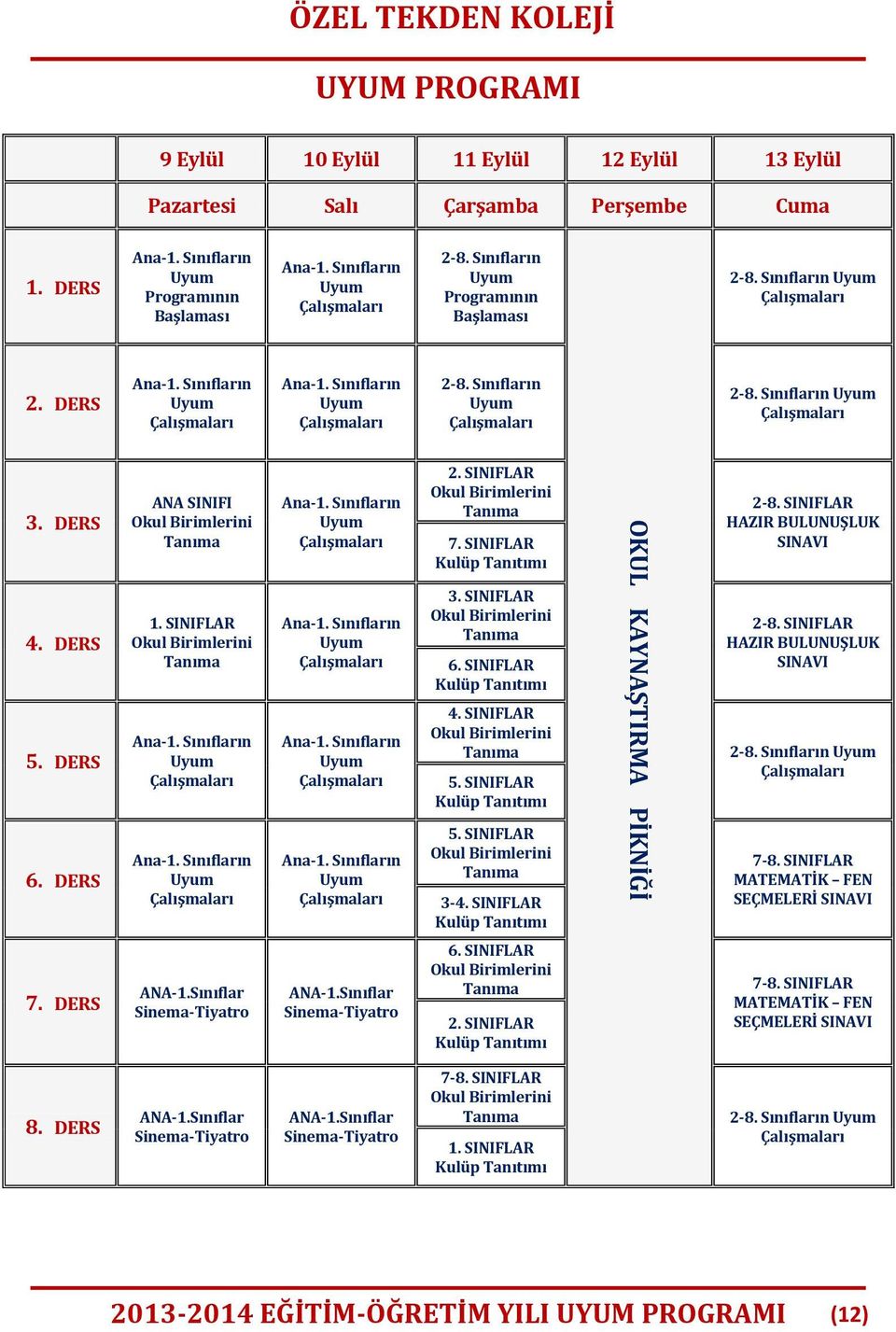 SINIFLAR Kulüp Tanıtımı 2-8. SINIFLAR HAZIR BULUNUŞLUK SINAVI 5. DERS 4. SINIFLAR 5. SINIFLAR Kulüp Tanıtımı 2-8. ın 6. DERS 5. SINIFLAR 3-4. SINIFLAR Kulüp Tanıtımı 7-8.