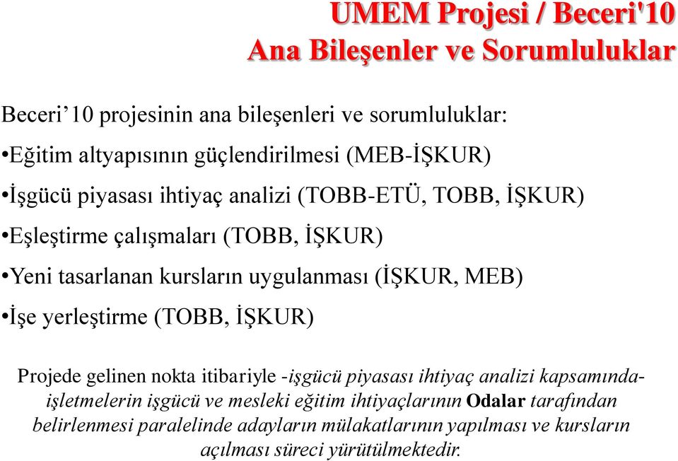 uygulanması (İŞKUR, MEB) İşe yerleştirme (TOBB, İŞKUR) Projede gelinen nokta itibariyle -işgücü piyasası ihtiyaç analizi kapsamındaişletmelerin