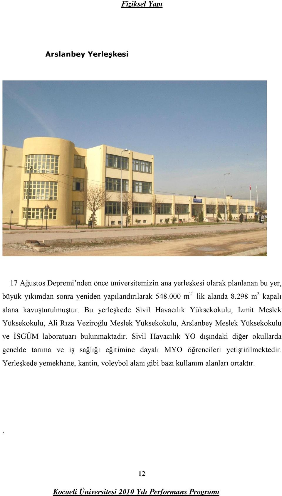 Bu yerleşkede Sivil Havacılık Yüksekokulu, İzmit Meslek Yüksekokulu, Ali Rıza Veziroğlu Meslek Yüksekokulu, Arslanbey Meslek Yüksekokulu ve İSGÜM