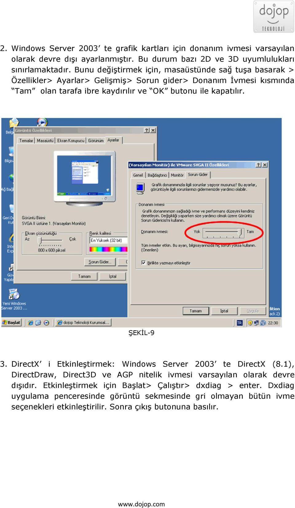 ile kapatılır. ŞEKİL-9 3. DirectX i Etkinleştirmek: Windows Server 2003 te DirectX (8.1), DirectDraw, Direct3D ve AGP nitelik ivmesi varsayılan olarak devre dışıdır.