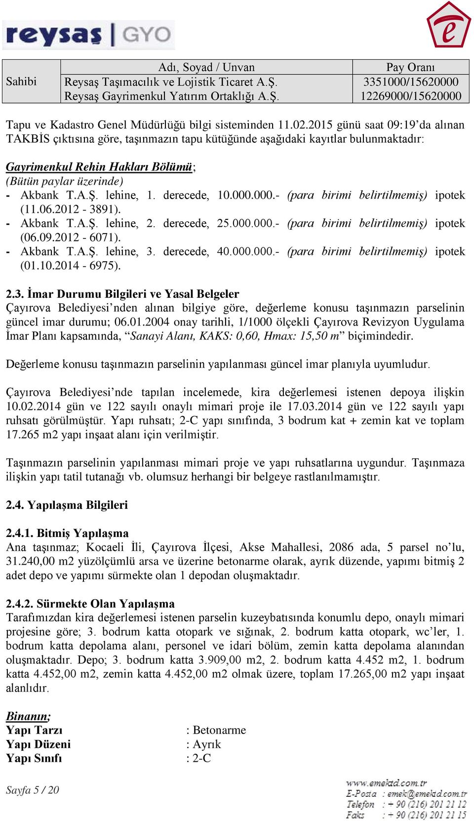 lehine, 1. derecede, 10.000.000.- (para birimi belirtilmemiş) ipotek (11.06.2012-3891). - Akbank T.A.Ş. lehine, 2. derecede, 25.000.000.- (para birimi belirtilmemiş) ipotek (06.09.2012-6071).