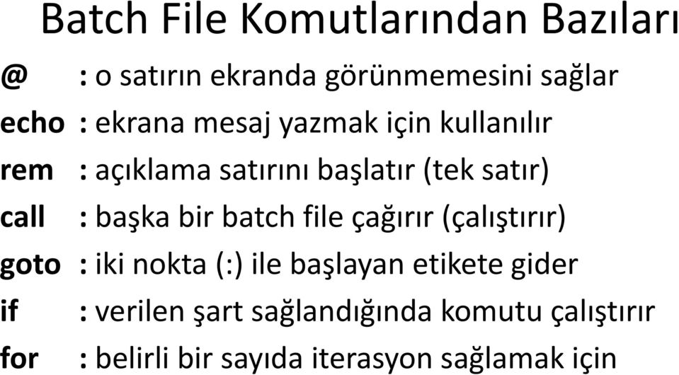 başka bir batch file çağırır (çalıştırır) goto : iki nokta (:) ile başlayan etikete gider