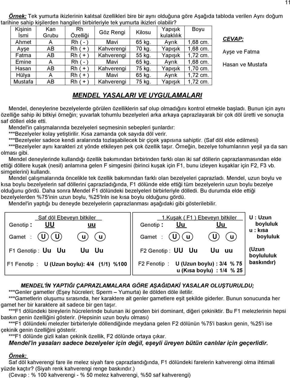 1,68 cm. Fatma Hasan AB AB Rh ( + ) Rh ( + ) Kahverengi Kahverengi 55 kg. 75 kg. YapıĢık YapıĢık 1,72 cm. 1,70 cm. AyĢe ve Fatma Hasan ve Mustafa Hülya A Rh ( + ) Mavi 65 kg. Ayrık 1,72 cm.