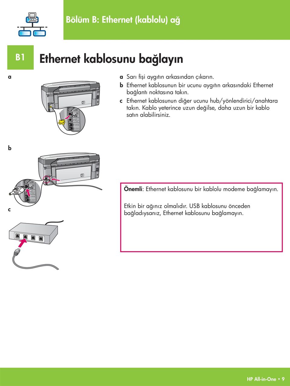 c Ethernet kablosunun diğer ucunu hub/yönlendirici/anahtara takın.