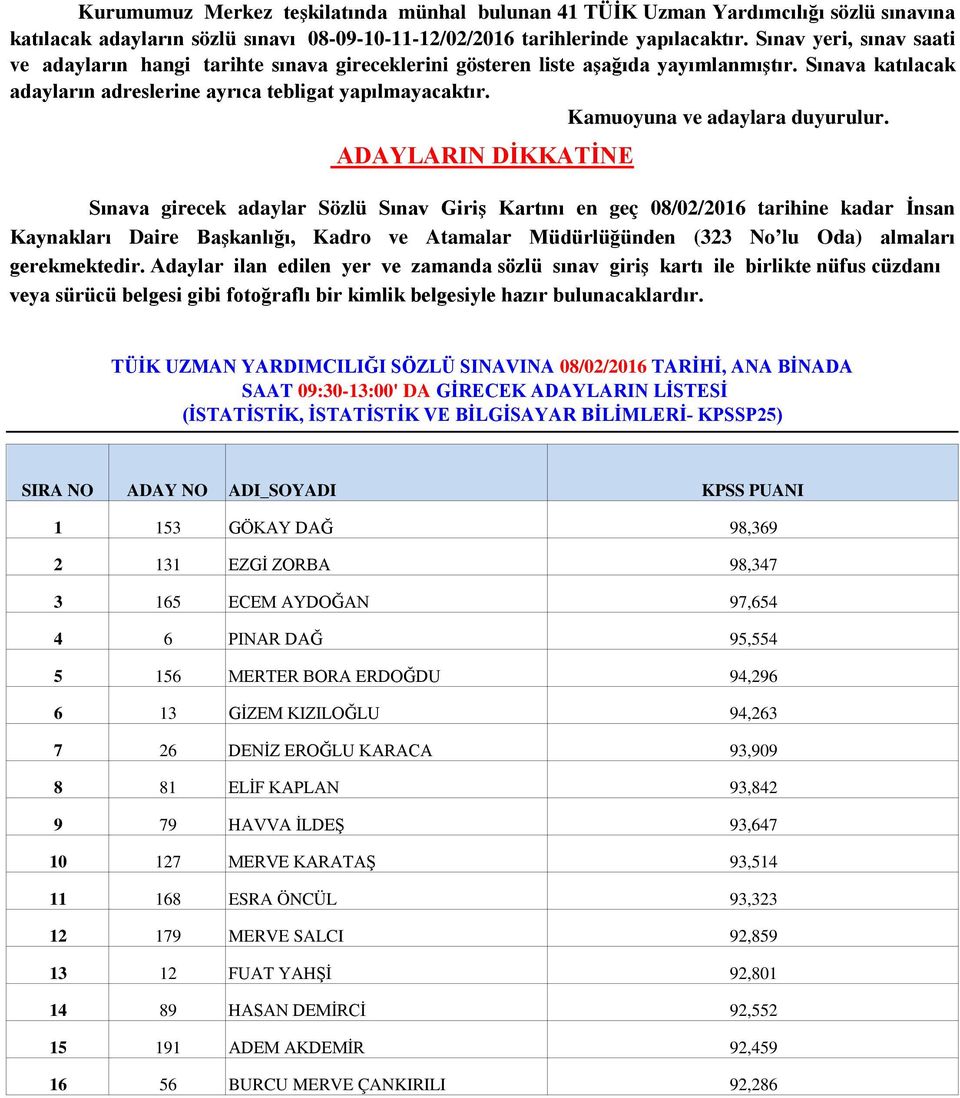 Kamuoyuna ve adaylara duyurulur.