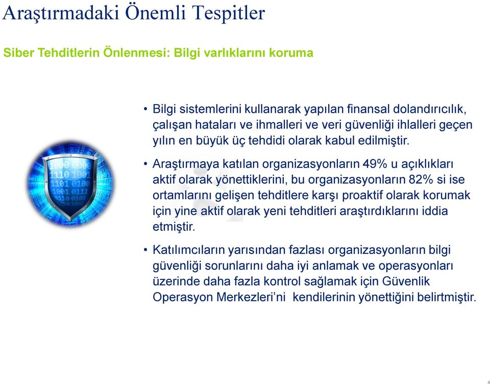 Araştırmaya katılan organizasyonların 49% u açıklıkları aktif olarak yönettiklerini, bu organizasyonların 82% si ise ortamlarını gelişen tehditlere karşı proaktif olarak korumak için