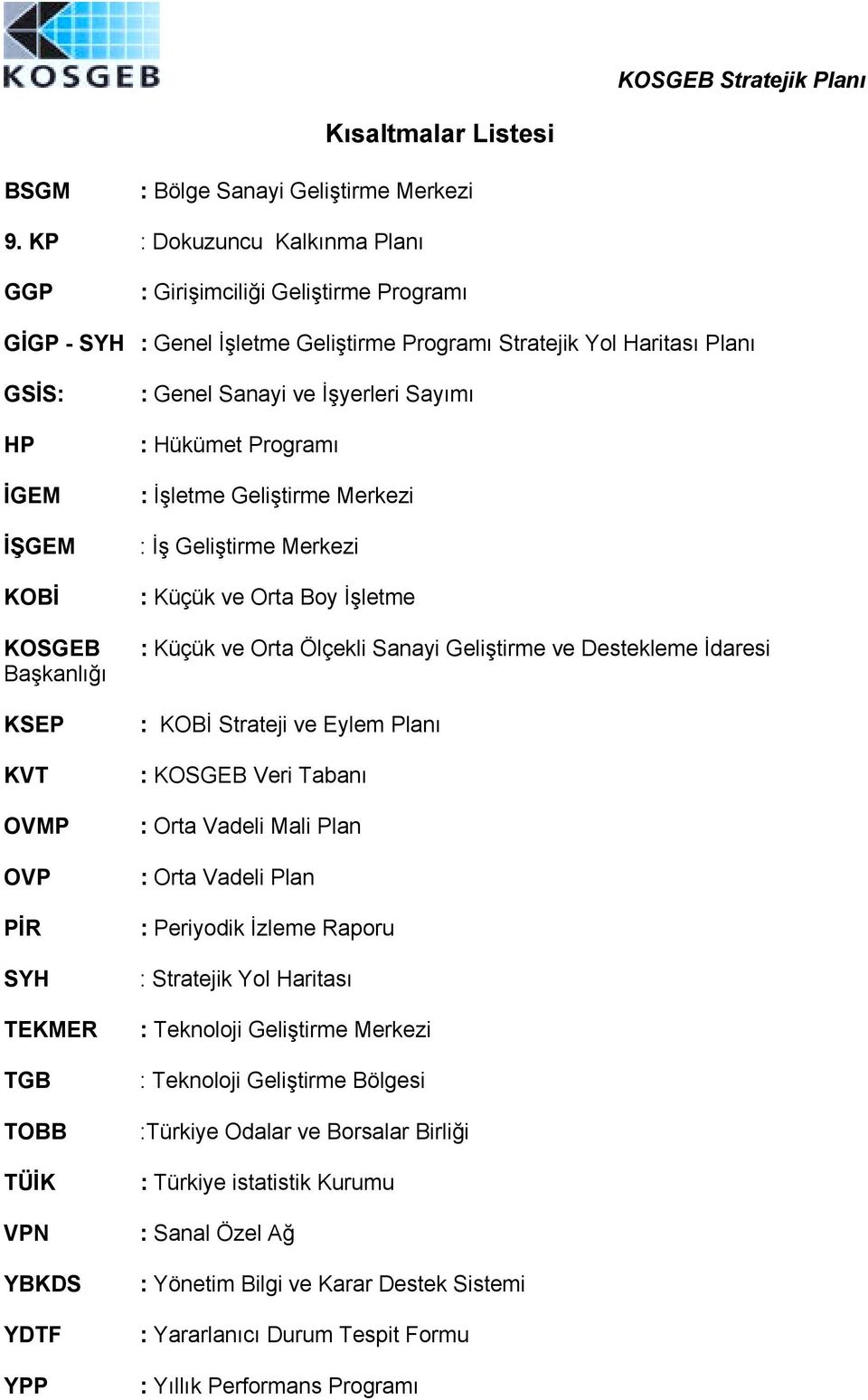 OVMP OVP PİR SYH TEKMER TGB TOBB TÜİK VPN YBKDS YDTF YPP : Genel Sanayi ve İşyerleri Sayõmõ : Hükümet Programõ : İşletme Geliştirme Merkezi : İş Geliştirme Merkezi : Küçük ve Orta Boy İşletme : Küçük