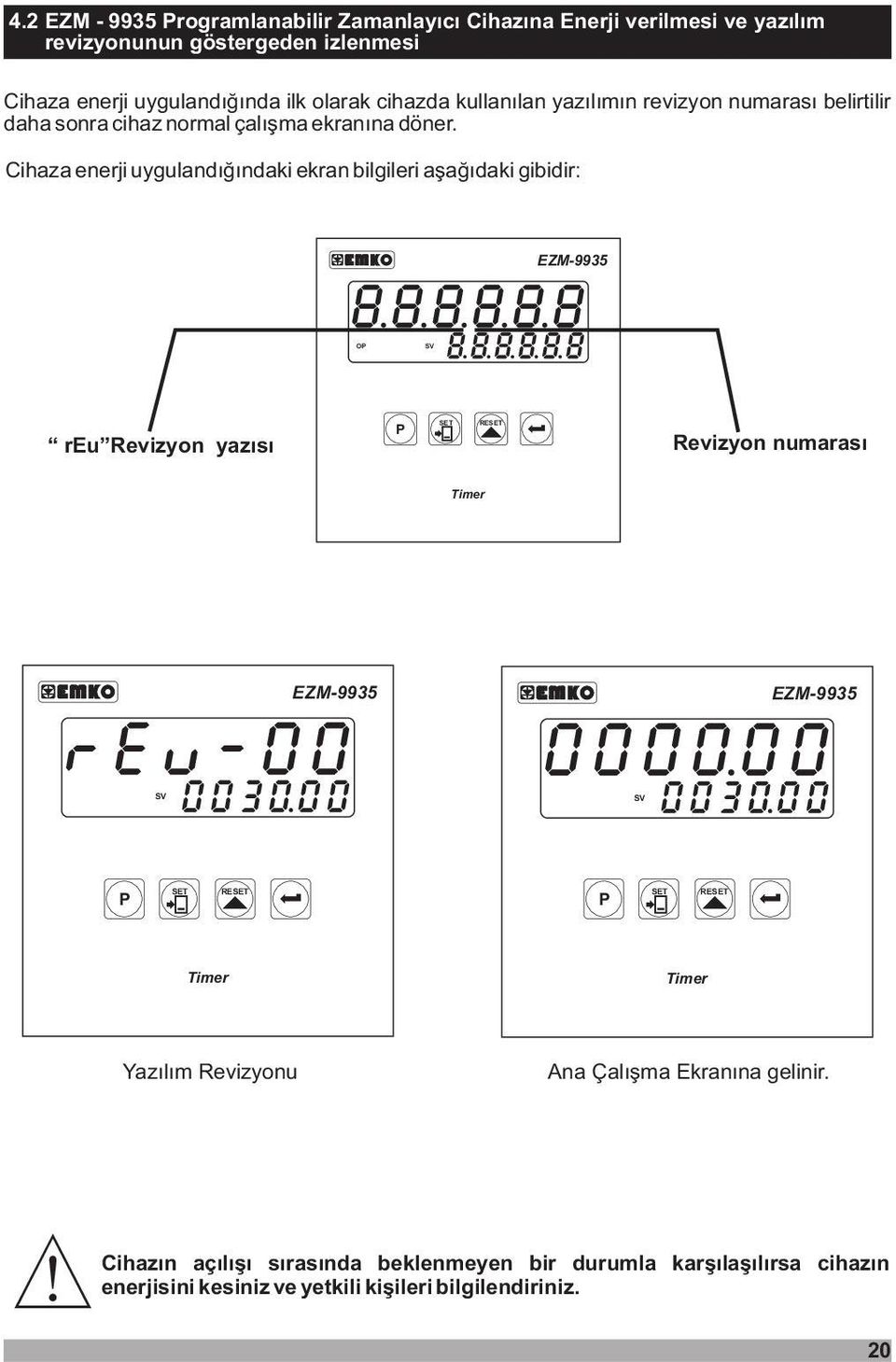Cihaza enerji uygulandýðýndaki ekran bilgileri aþaðýdaki gibidir: EZM-9935 O reu Revizyon yazýsý Revizyon numarasý Timer EZM-9935 EZM-9935 O O Timer