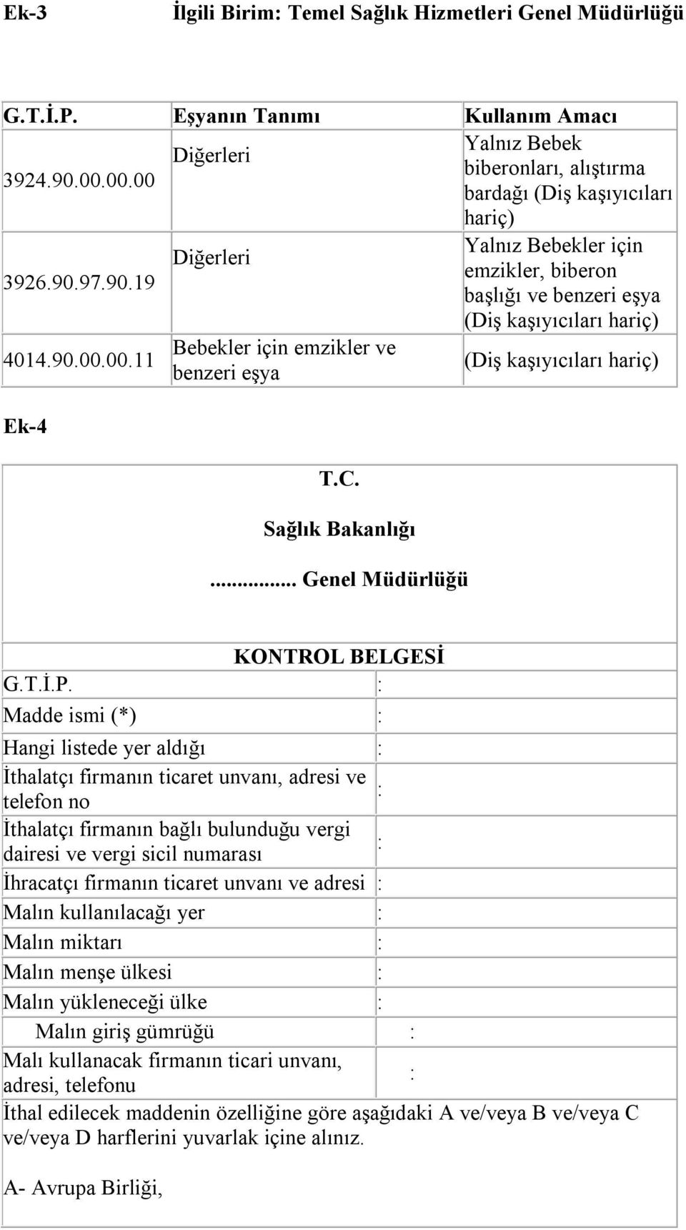 11 (Diş kaşıyıcıları hariç) benzeri eşya Ek-4 T.C. Sağlık Bakanlığı... Genel Müdürlüğü KONTROL BELGESİ G.T.İ.P.