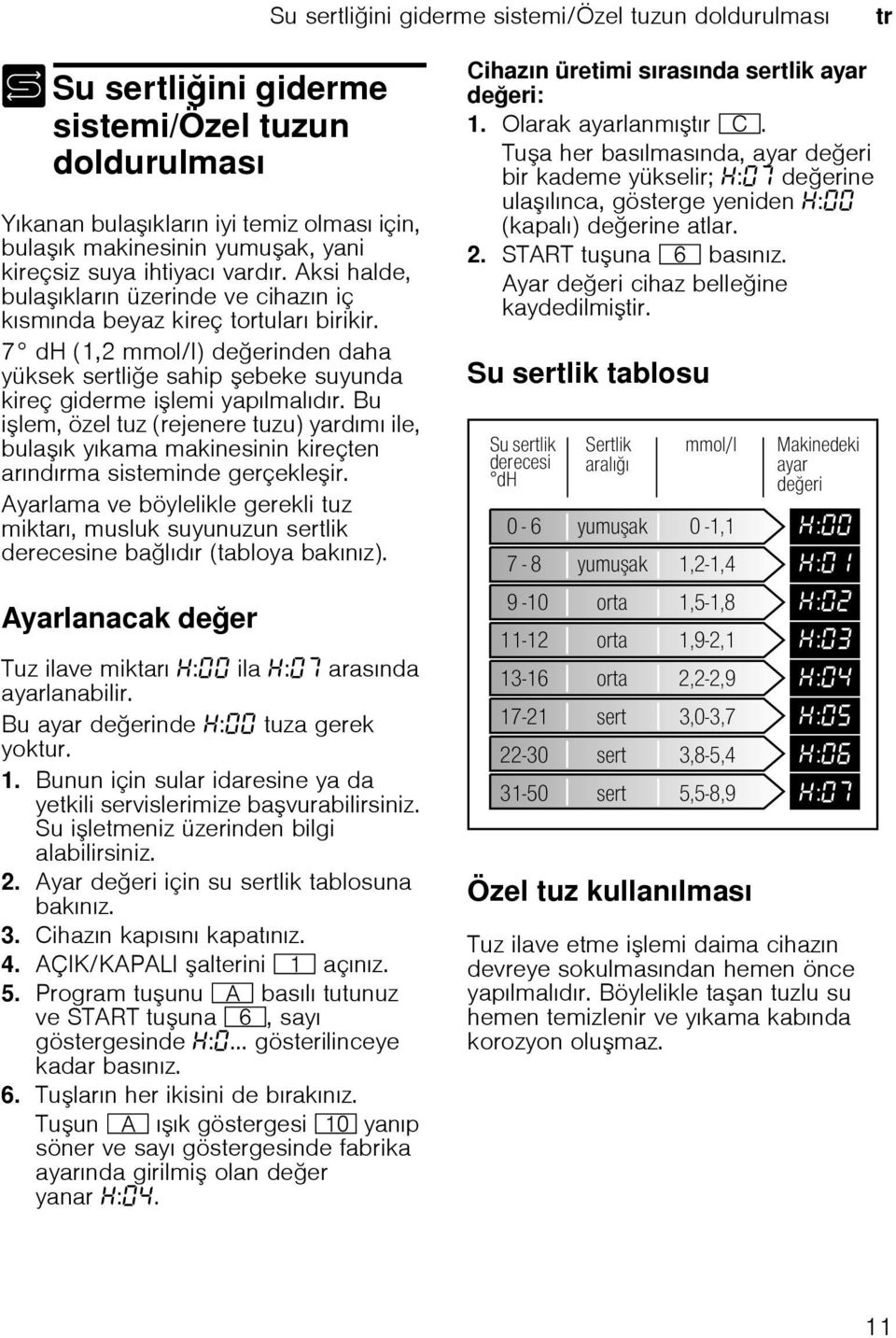 7 dh (1,2 mmol/l) deerinden daha yüksek sertlie sahip ebeke suyunda kireç giderme ilemi yapılmalıdır.