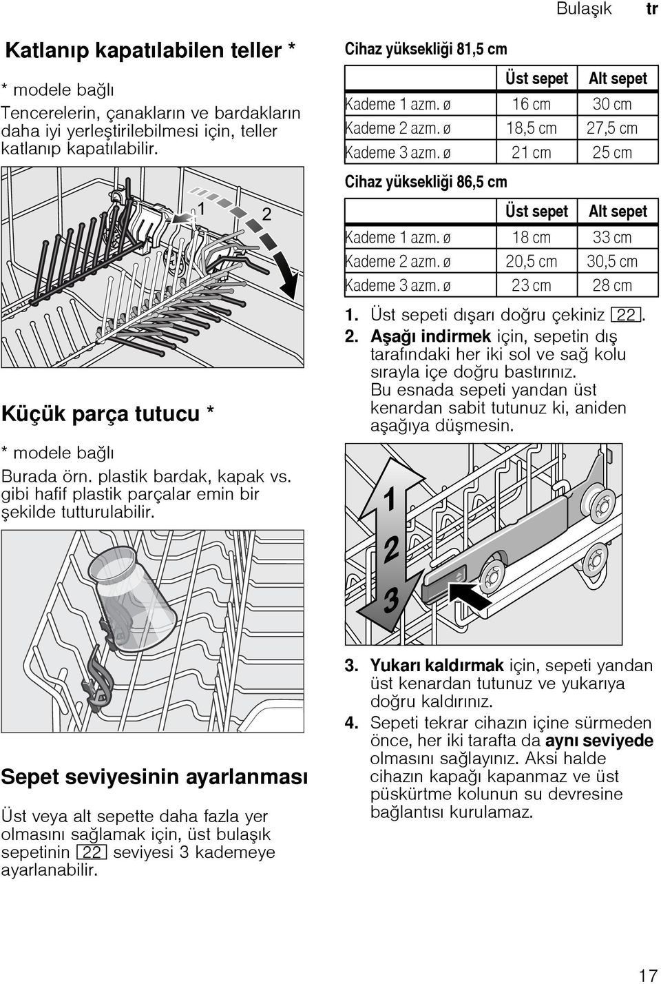 parça tutucu Cihaz yükseklii 81,5 cm Cihaz yükseklii 86,5 cm Üst sepet Alt sepet Kademe 1 azm. ø 16 cm 30 cm Kademe 2 azm. ø 18,5 cm 27,5 cm Kademe 3 azm.