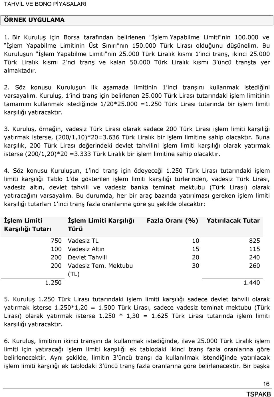 Kuruluş, 1 inci tranş için belirlenen 25.000 Türk Lirası tutarındaki işlem limitinin tamamını kullanmak istediğinde 1/20*25.000 =1.250 Türk Lirası tutarında bir işlem limiti karşılığı yatıracaktır. 3.