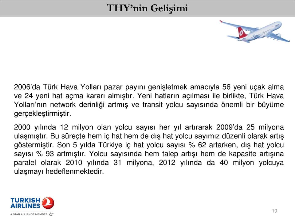 2000 yılında 12 milyon olan yolcu sayısı her yıl artırarak 2009 da 25 milyona ulaşmıştır. Bu süreçte hem iç hat hem de dış hat yolcu sayımız düzenli olarak artış göstermiştir.