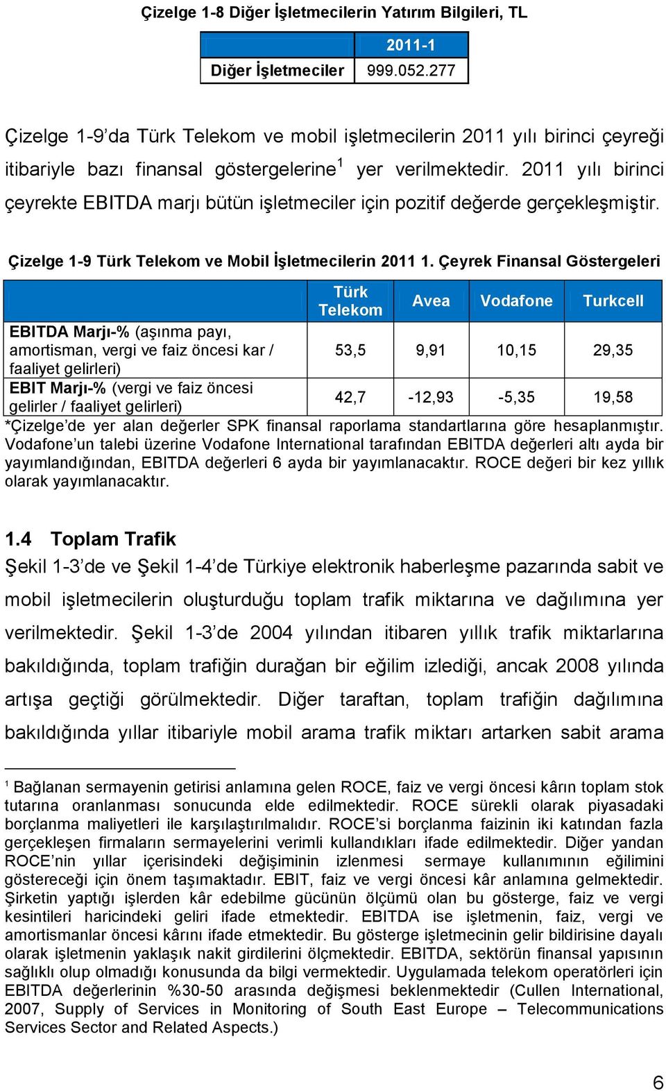 2011 yılı birinci çeyrekte EBITDA marjı bütün işletmeciler için pozitif değerde gerçekleşmiştir. Çizelge 1-9 Türk Telekom ve Mobil İşletmecilerin 2011 1.