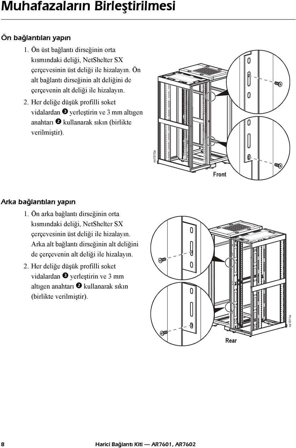 Her deliğe düşük profilli soket vidalardan yerleştirin ve 3 mm altıgen anahtarı kullanarak sıkın (birlikte verilmiştir). ns1010a Front Arka baðlantýlarý yapýn 1.