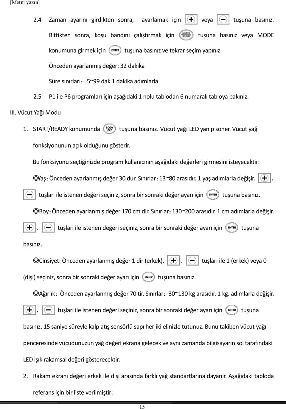 Önceden ayarlanmış değer: 3 dakika Süre sınırları:5~99 dak 1 dakika adımlarla.5 P1 ile P programları için aşağıdaki 1 nolu tablodan numaralı tabloya bakınız. III. Vücut Yağı Modu 1.