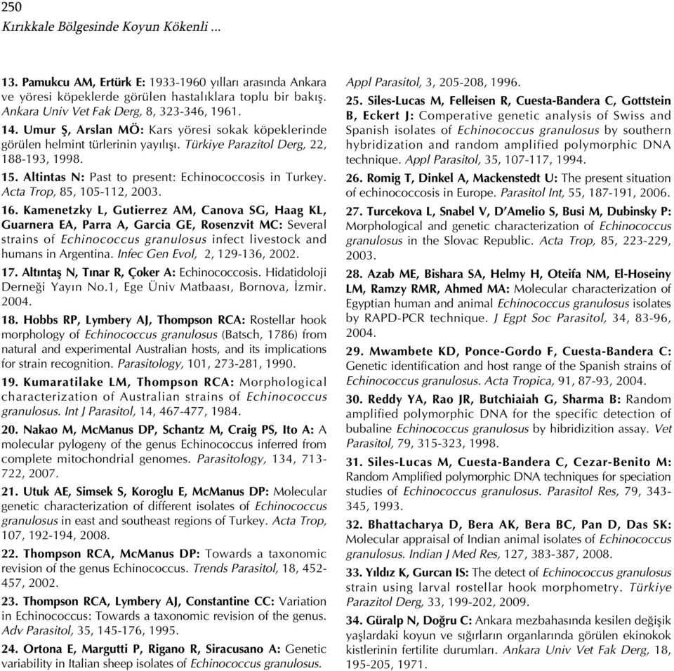 Altintas N: Past to present: Echinococcosis in Turkey. Acta Trop, 85, 105-112, 2003. 16.
